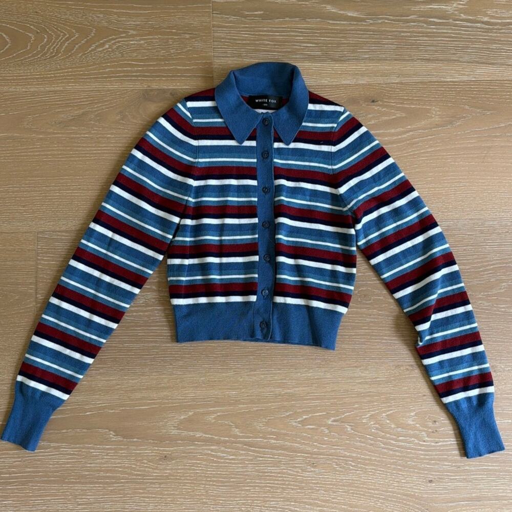 White Fox Knit Cardigan Stripes Inner Smile Size XS Blue Burgundy Ivory